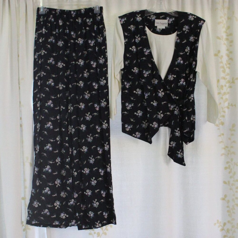 Vintage 90s Tres Paquette Byer Black Floral 2 Piece Set Pants Blouse Women's M